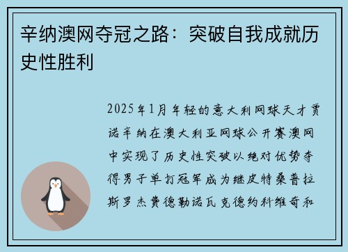 辛纳澳网夺冠之路:突破自我成就历史性胜利 辛纳澳网夺冠之路:突破自我成就历史性胜利