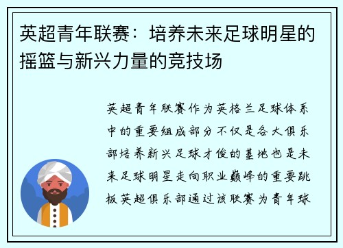 英超青年联赛：培养未来足球明星的摇篮与新兴力量的竞技场